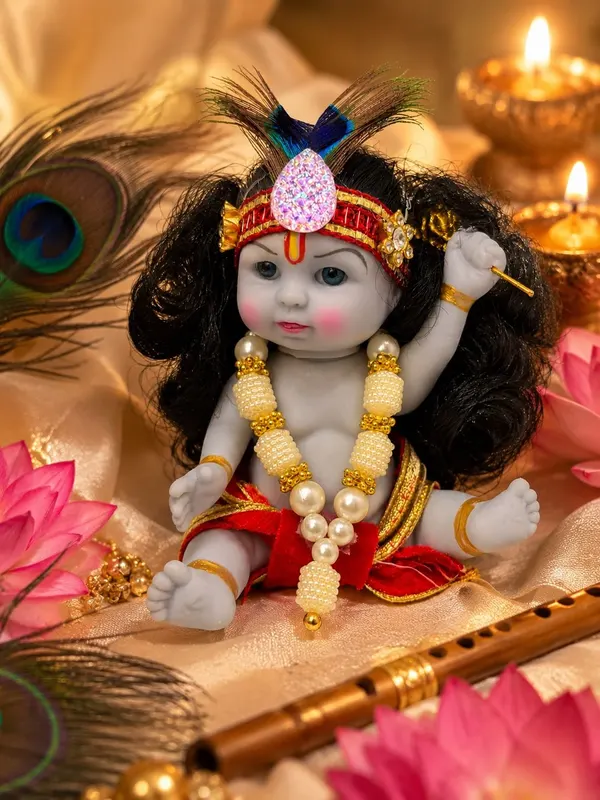 Premium Silicone Laddu Gopal Idol with Handmade Dress, Mukut, Mala & Flute | Bal Gopal Krishna Murti for Home Temple, Pooja Room, Janmashtami Decoration & Spiritual Gift