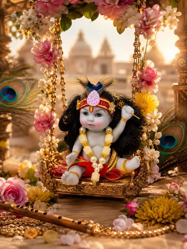 Premium Silicone Laddu Gopal Idol with Handmade Dress, Mukut, Mala & Flute | Bal Gopal Krishna Murti for Home Temple, Pooja Room, Janmashtami Decoration & Spiritual Gift