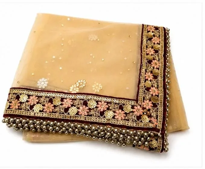 Women's Designer Net Dupatta with Heavy Golden Lace Border