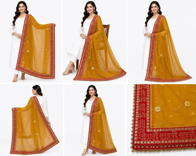 Women's Designer Net Dupatta with Heavy Golden Lace Border