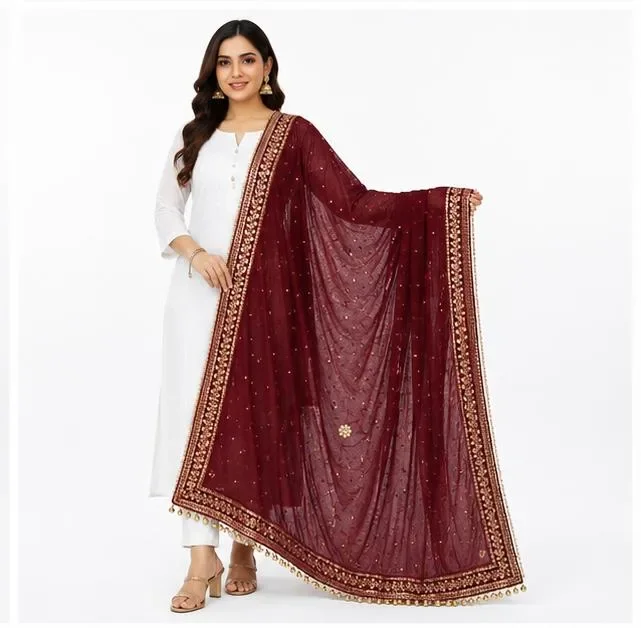 Women's Maroon Designer Net Dupatta with Heavy Golden Lace Border